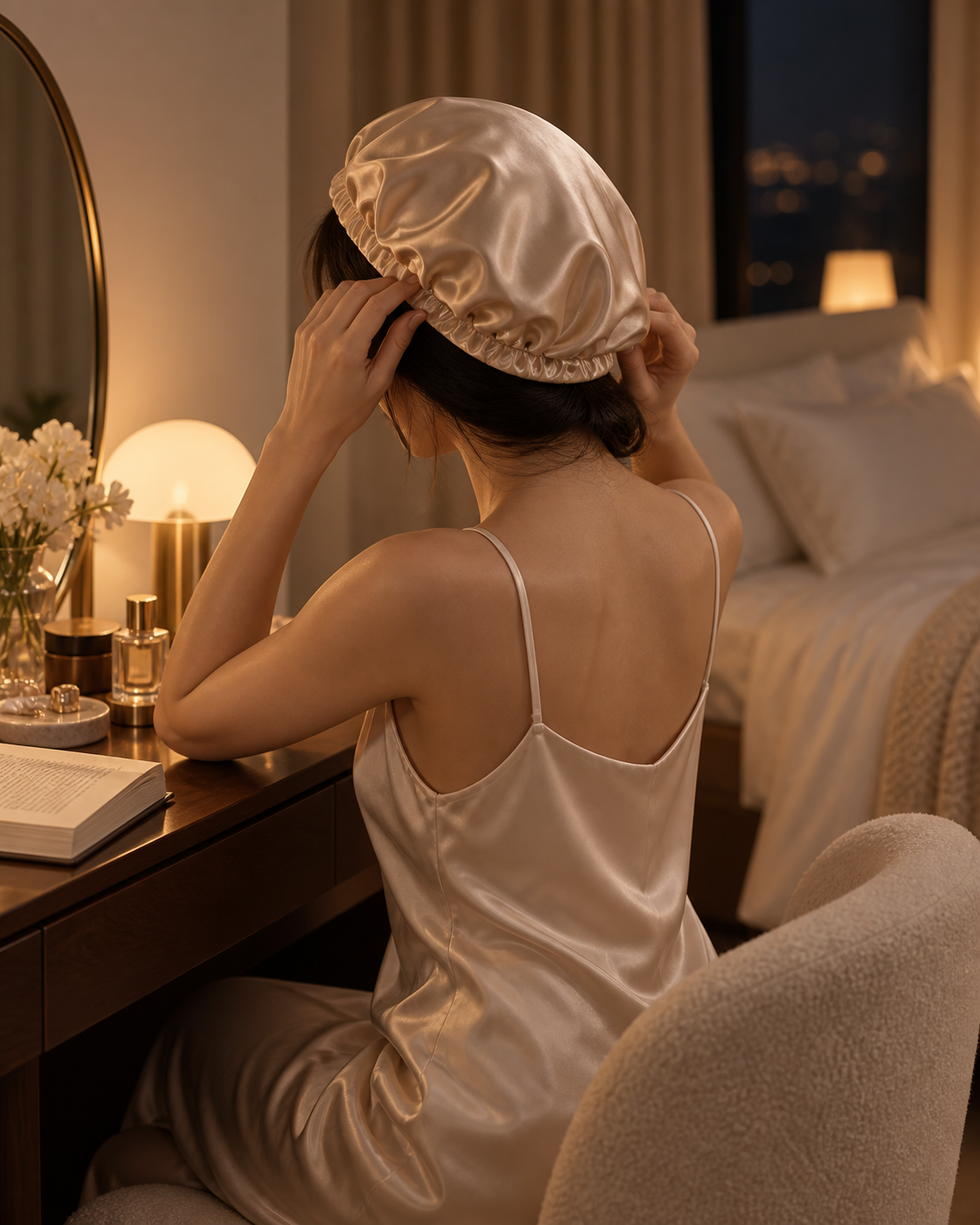 Woman adjusting a silk bonnet during a warm evening routine
