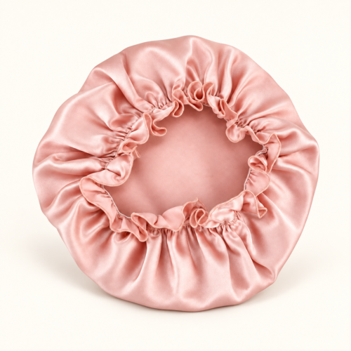 Blush Pink 19 momme mulberry silk bonnet on a white background