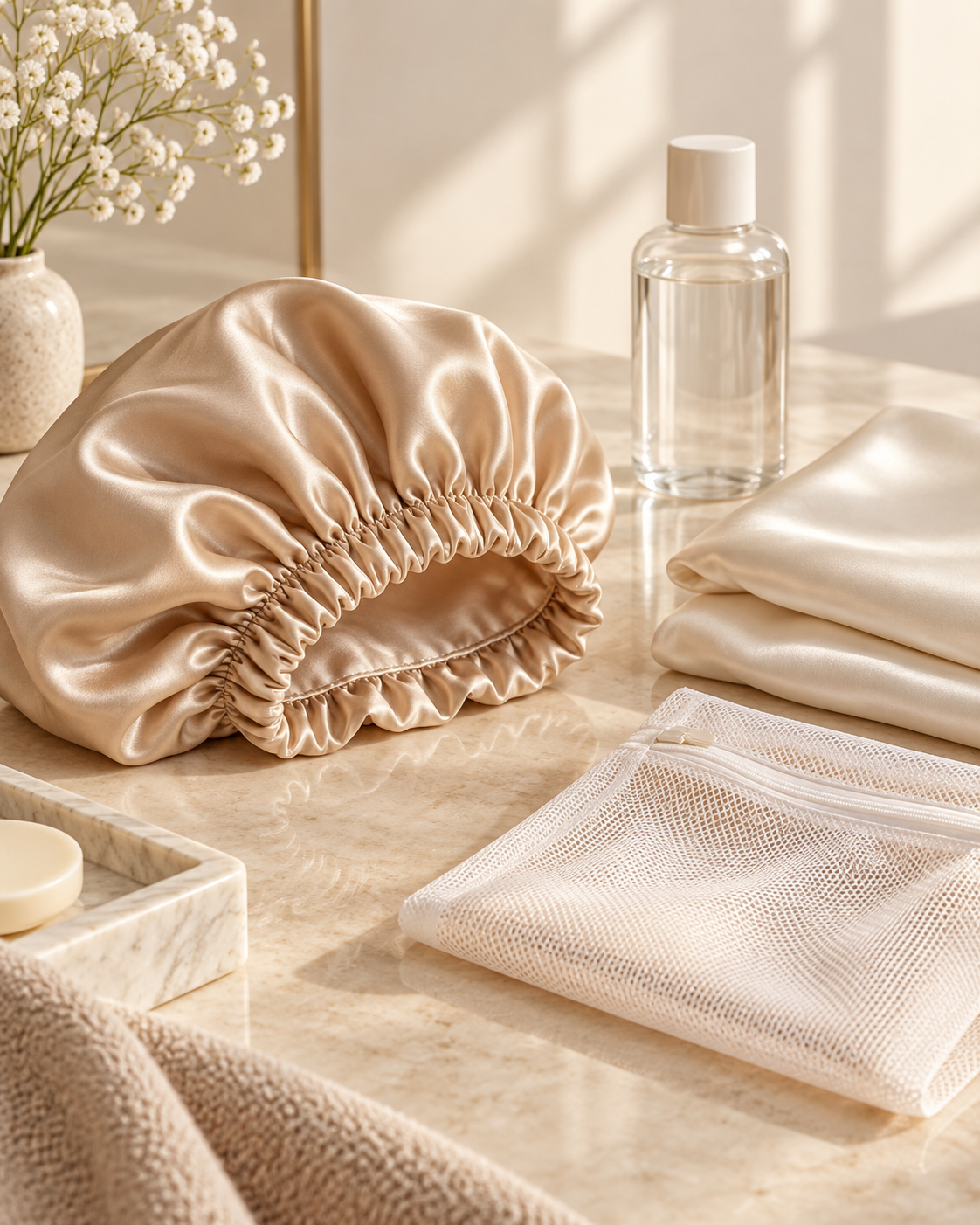 Silk bonnet care still life