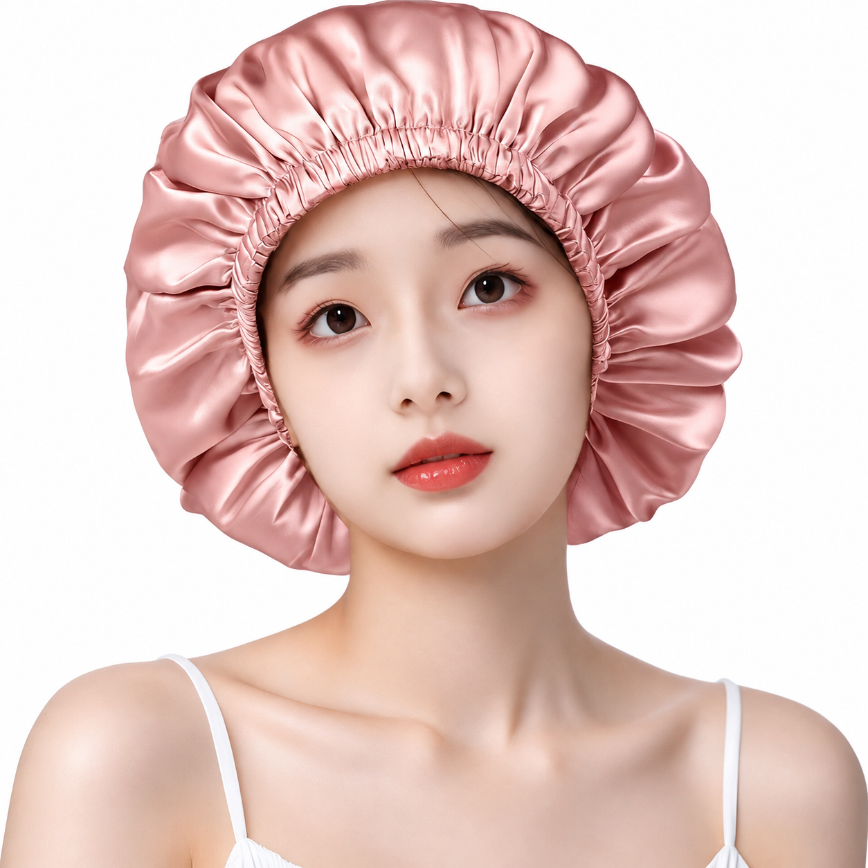 Blush adjustable double-layer mulberry silk bonnet worn by a model