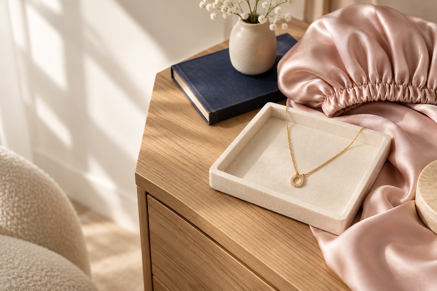 Mulberry silk bonnet and pavé horseshoe necklace arranged on a warm bedside table