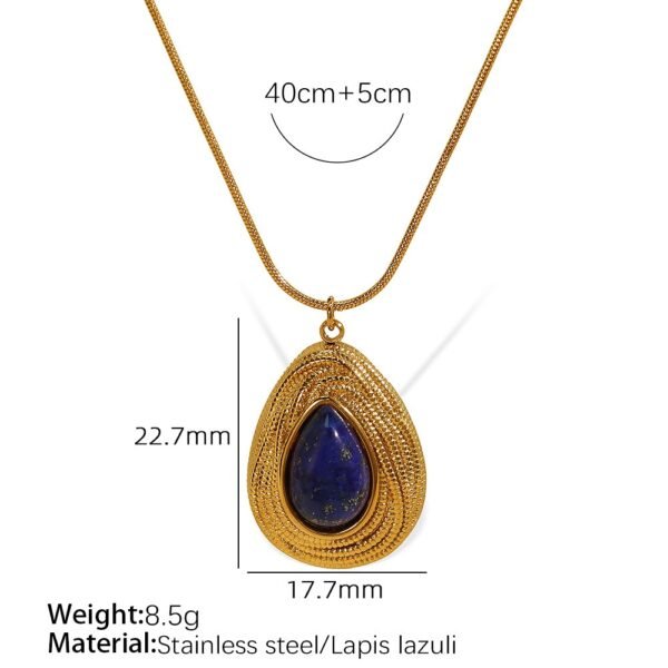 Lapis lazuli sculpted pendant necklace dimensions showing 40 cm chain, 5 cm extender, 22.7 mm pendant and 8.5 g weight Lapis lazuli sculpted pendant necklace dimensions showing 40 cm chain, 5 cm extender, 22.7 mm pendant and 8.5 g weight