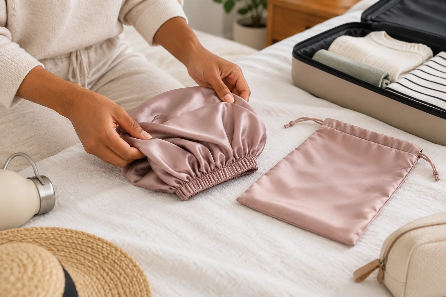 Illustration of a loose bonnet fold beside a soft pouch