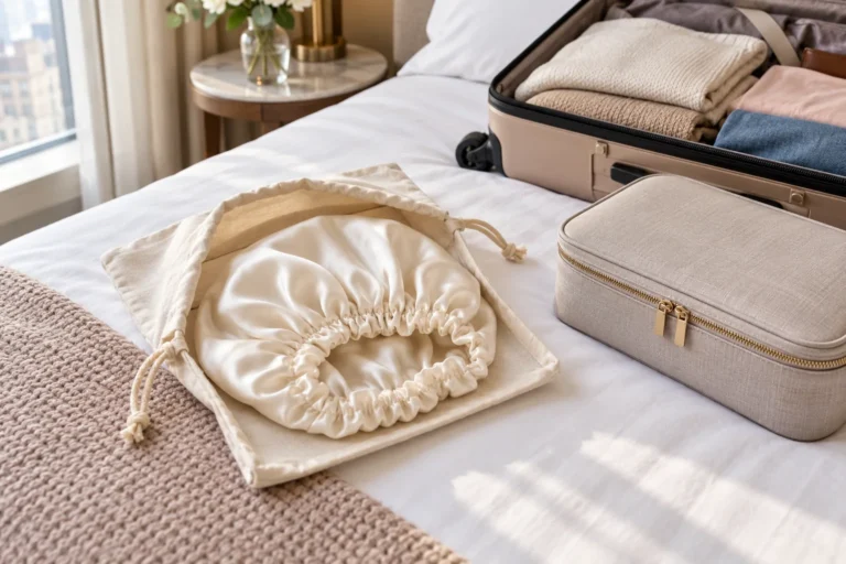 Illustration of a sleep bonnet in a clean pouch beside a suitcase