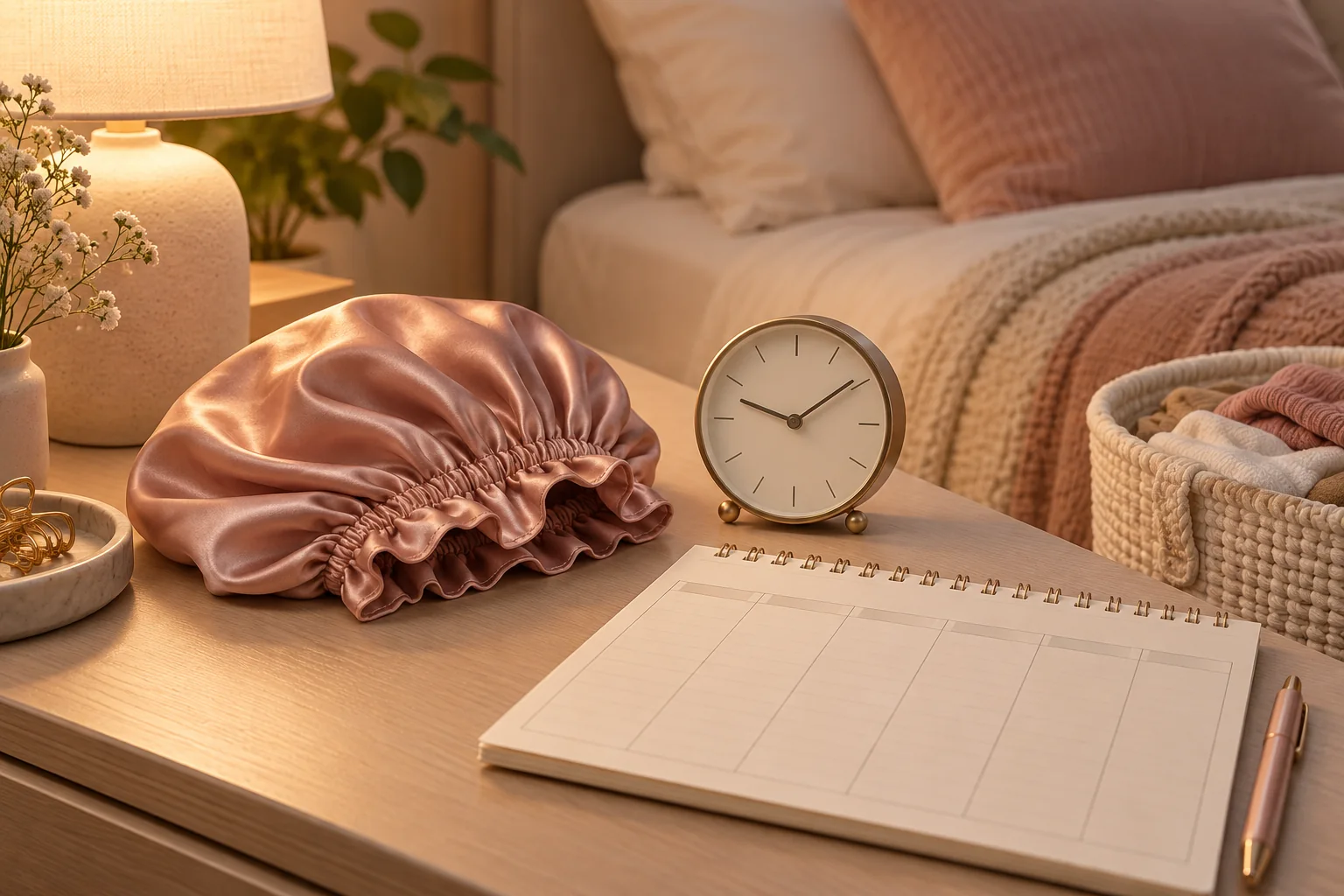 AI illustration of a bonnet beside a clock and blank weekly planner