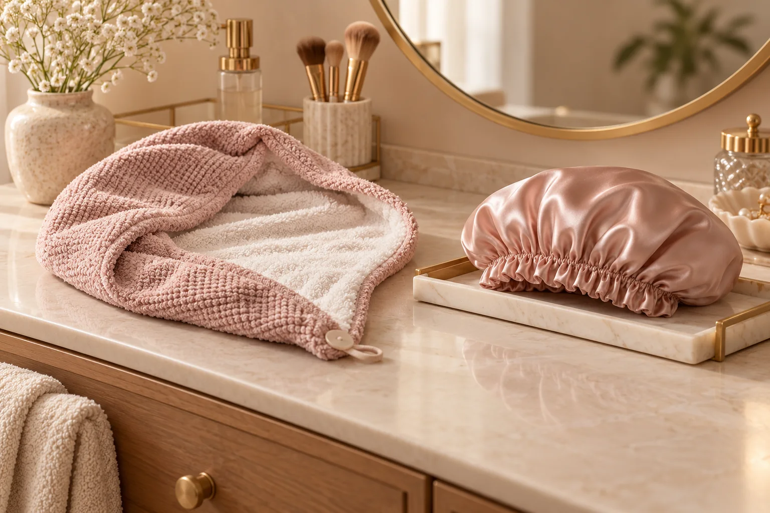 AI illustration of a drying wrap and a fully dry sleep bonnet in separate places