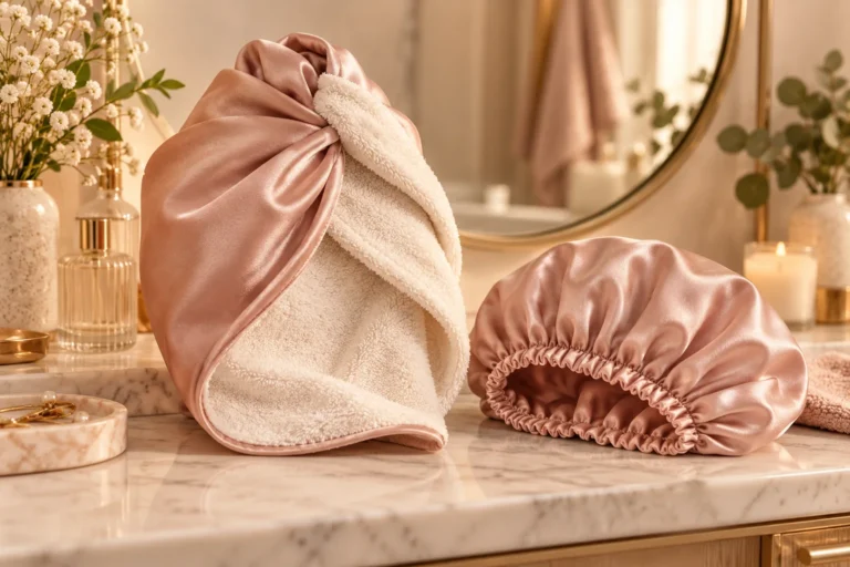 AI illustration of an absorbent-lined wrap beside a separate sleep bonnet