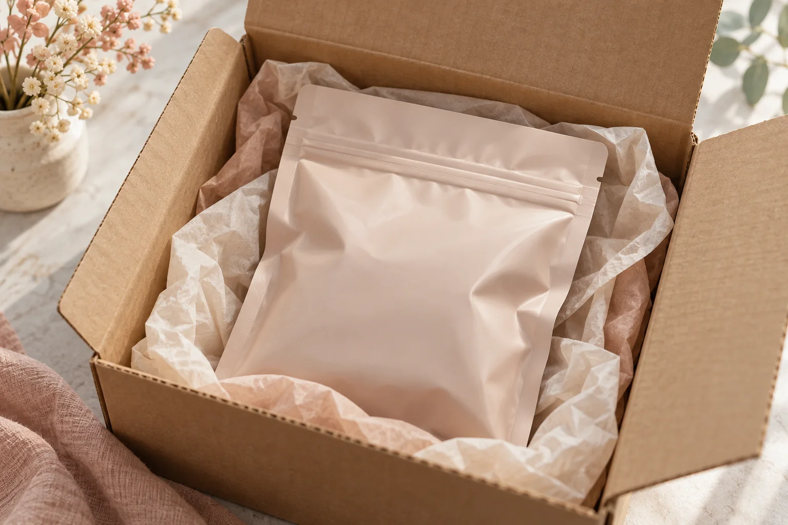 Illustration of a sealed accessory pouch visible inside an outer delivery carton