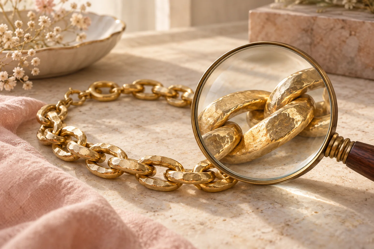 Illustration of gold-tone links with a mildly uneven finish beside a magnifying glass