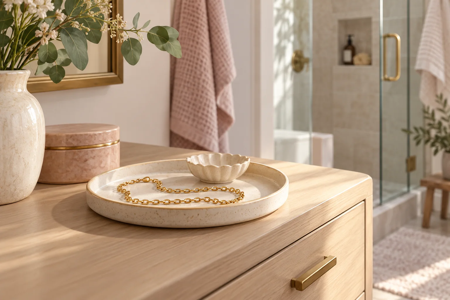 Illustration of a necklace in a dry tray outside a bathroom