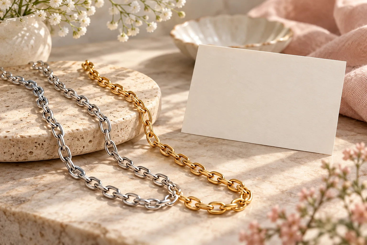 Illustration of silver-tone and gold-tone chains beside an unlettered information card