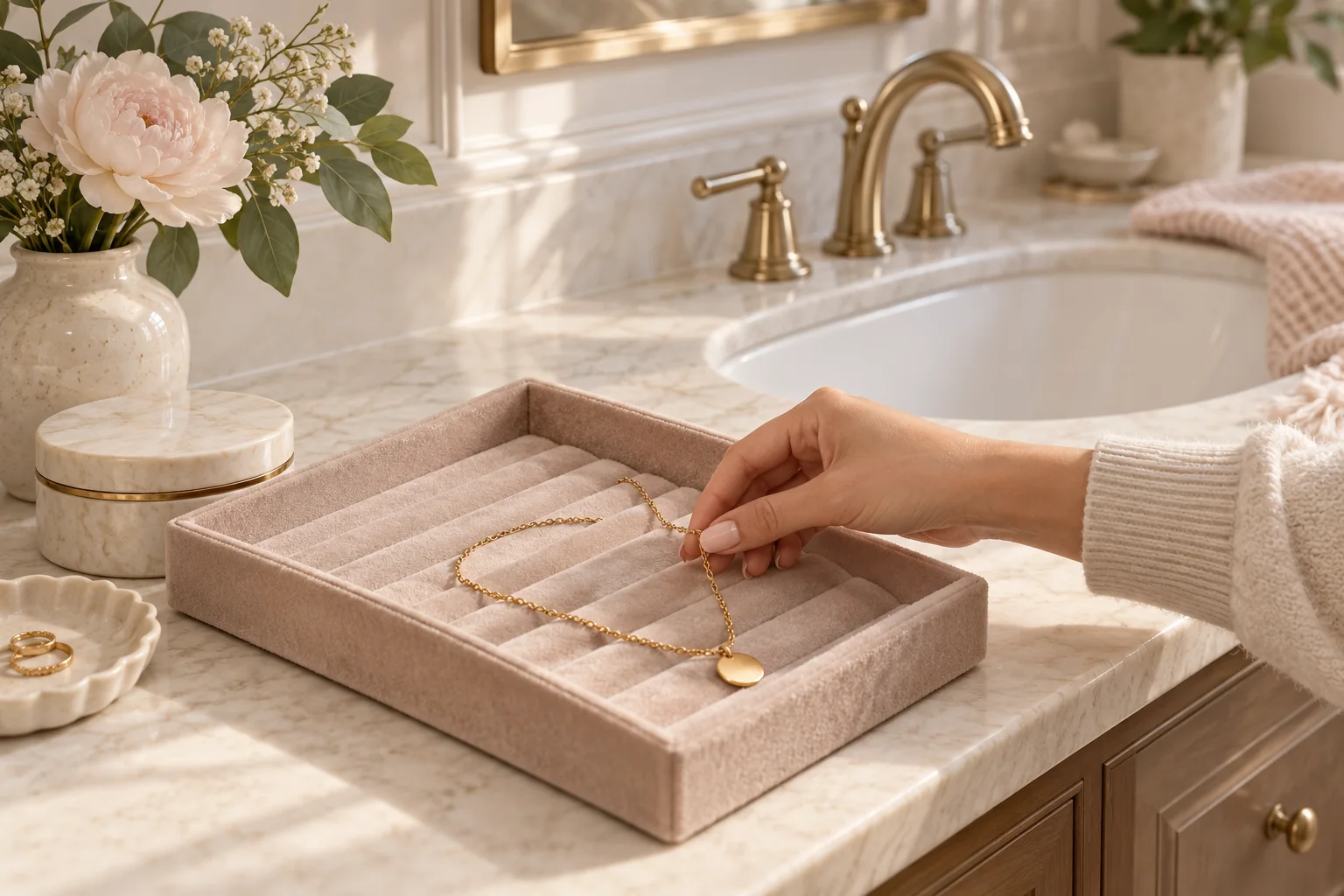 Illustration of a hand placing a necklace in a padded tray away from a washbasin