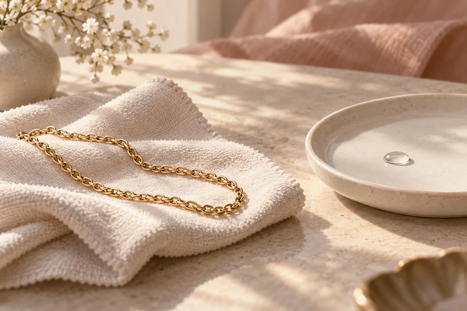Illustration of a necklace supported on a dry cloth beside a separate water droplet