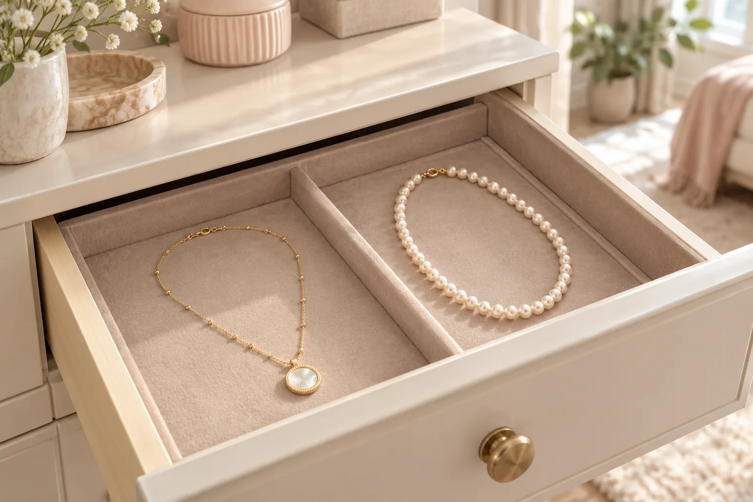 Illustration of two necklaces stored flat in separate padded compartments away from cosmetics