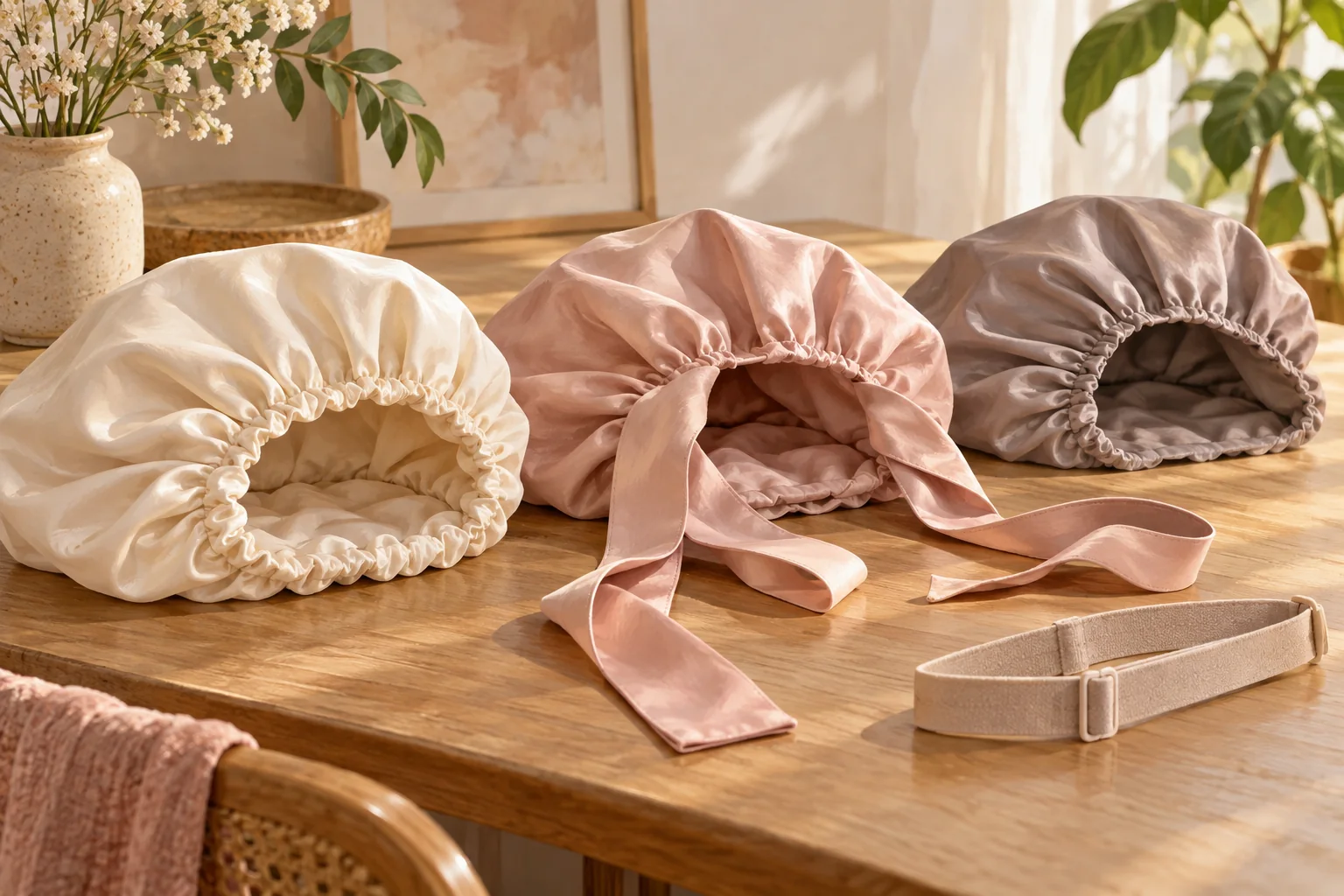AI illustration of elastic, ribbon and adjustable bonnet openings on a tabletop