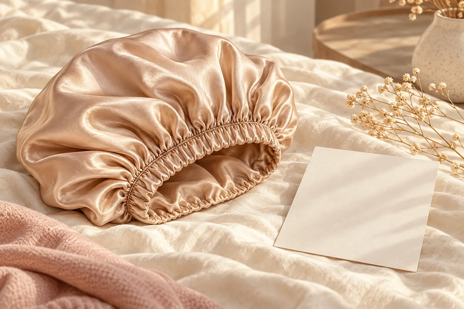 AI illustration of a silk bonnet with loose folding creases beside a blank care card