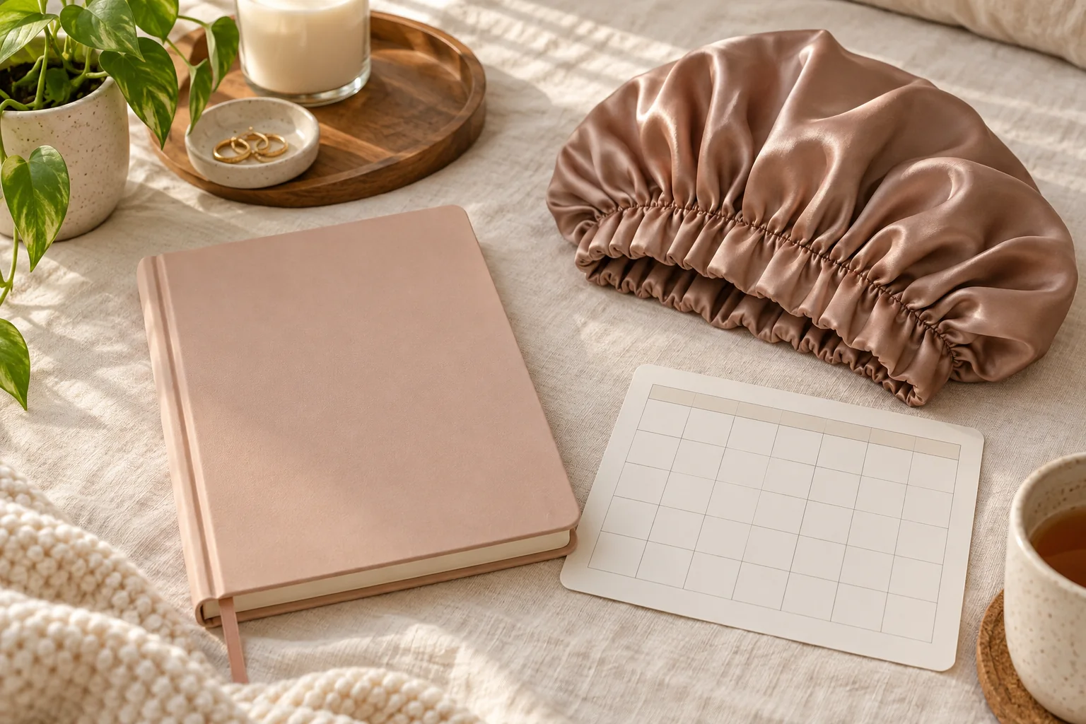 AI illustration of a blank calendar card beside a notebook and bonnet