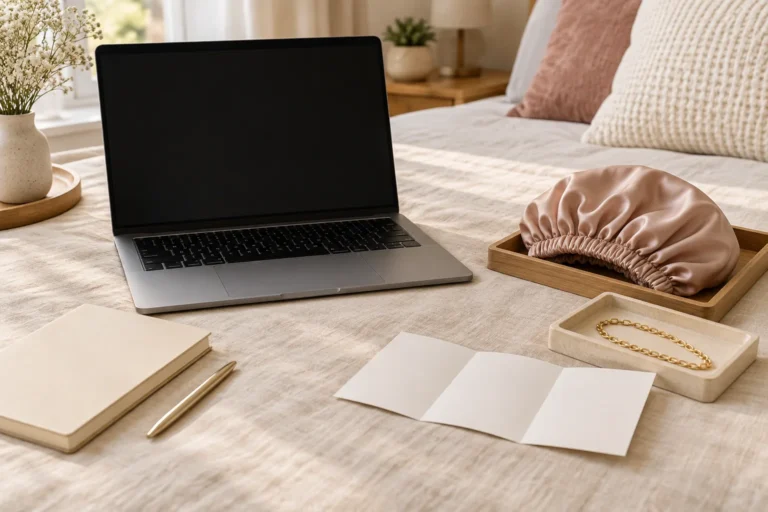 AI illustration of a blank laptop beside a bonnet, necklace tray and notebook