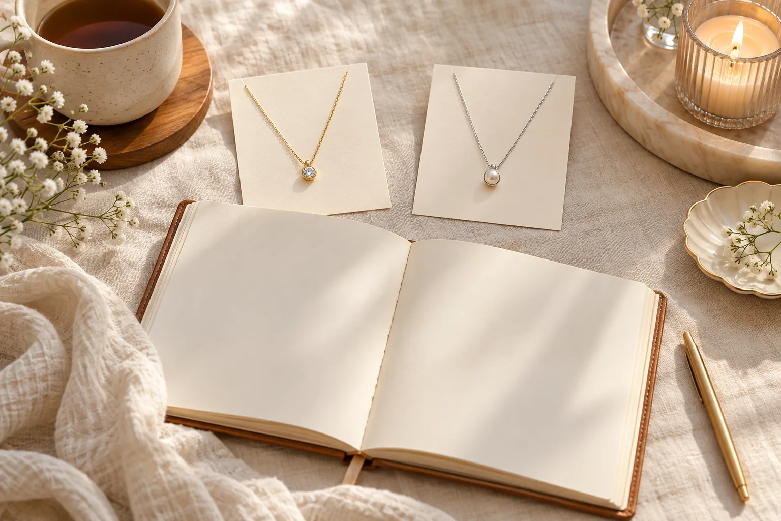 AI illustration of two necklace styles beside different blank option cards
