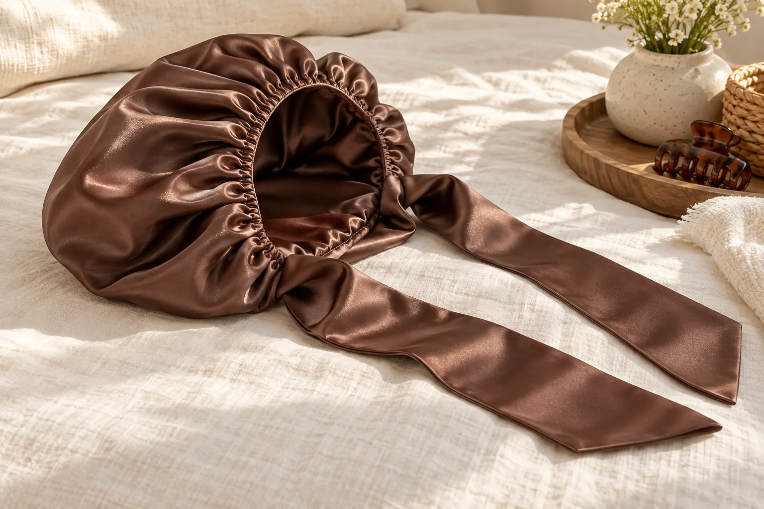 AI illustration of a partly reversed bonnet beside broad fabric ties