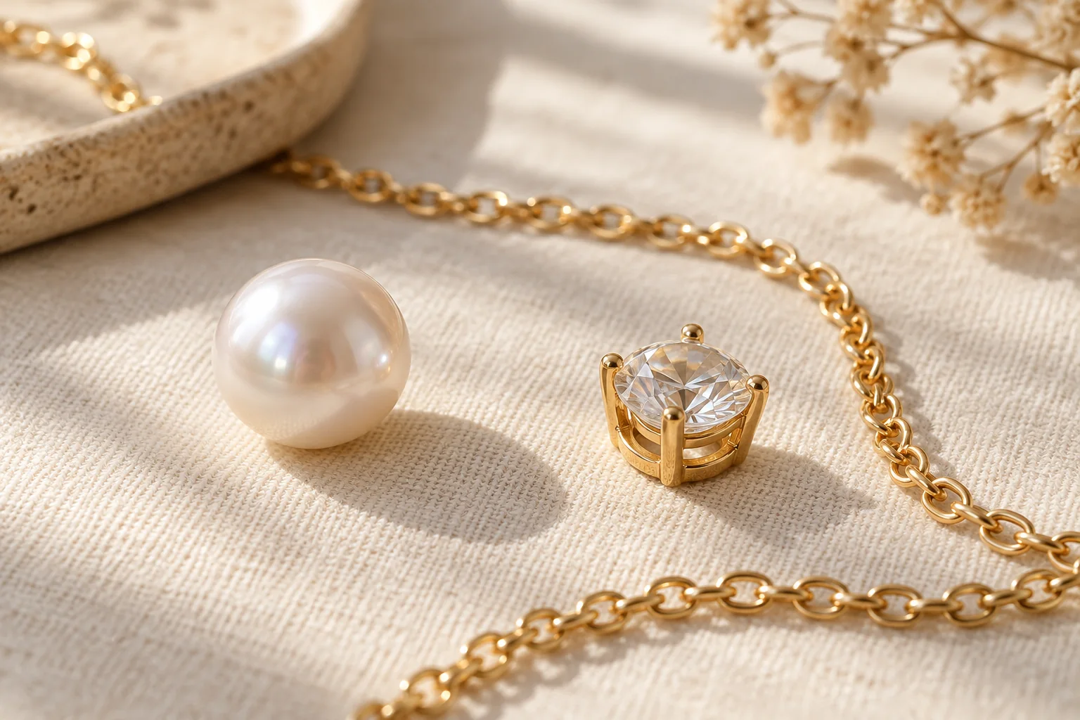 AI illustration of a pearl-like bead, chain and stone setting as separate objects