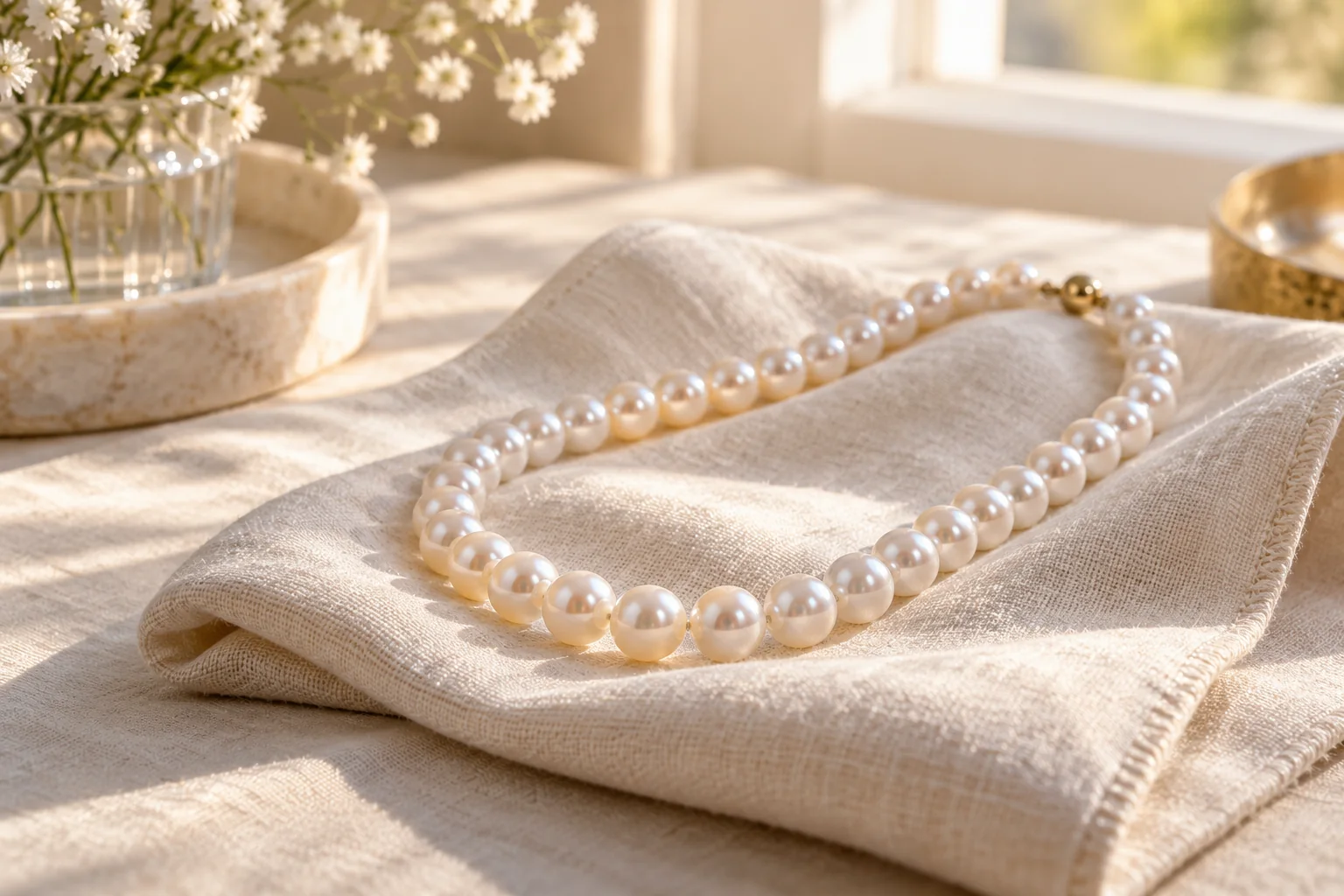 AI illustration of a pearl-like necklace supported on a dry soft cloth