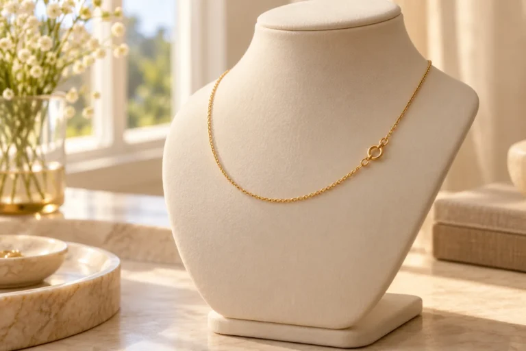 AI illustration of a generic necklace with its clasp visible near the front of a display