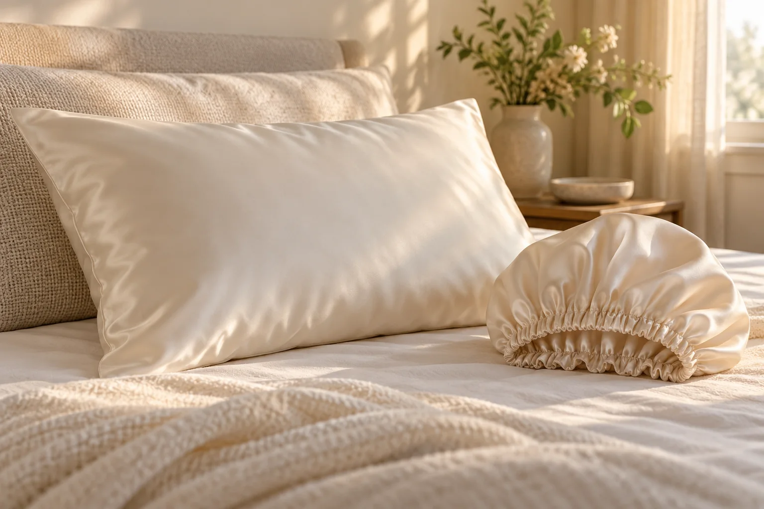 AI illustration of a pillowcase and unworn bonnet set separately on a bed