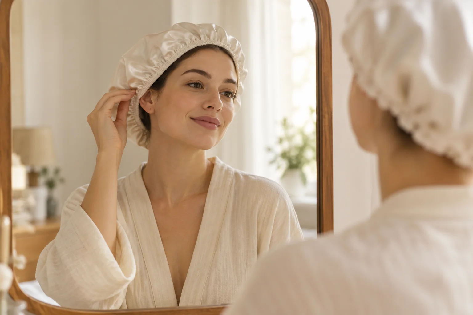 AI illustration of a woman checking a loose bonnet above an exposed ear in a mirror