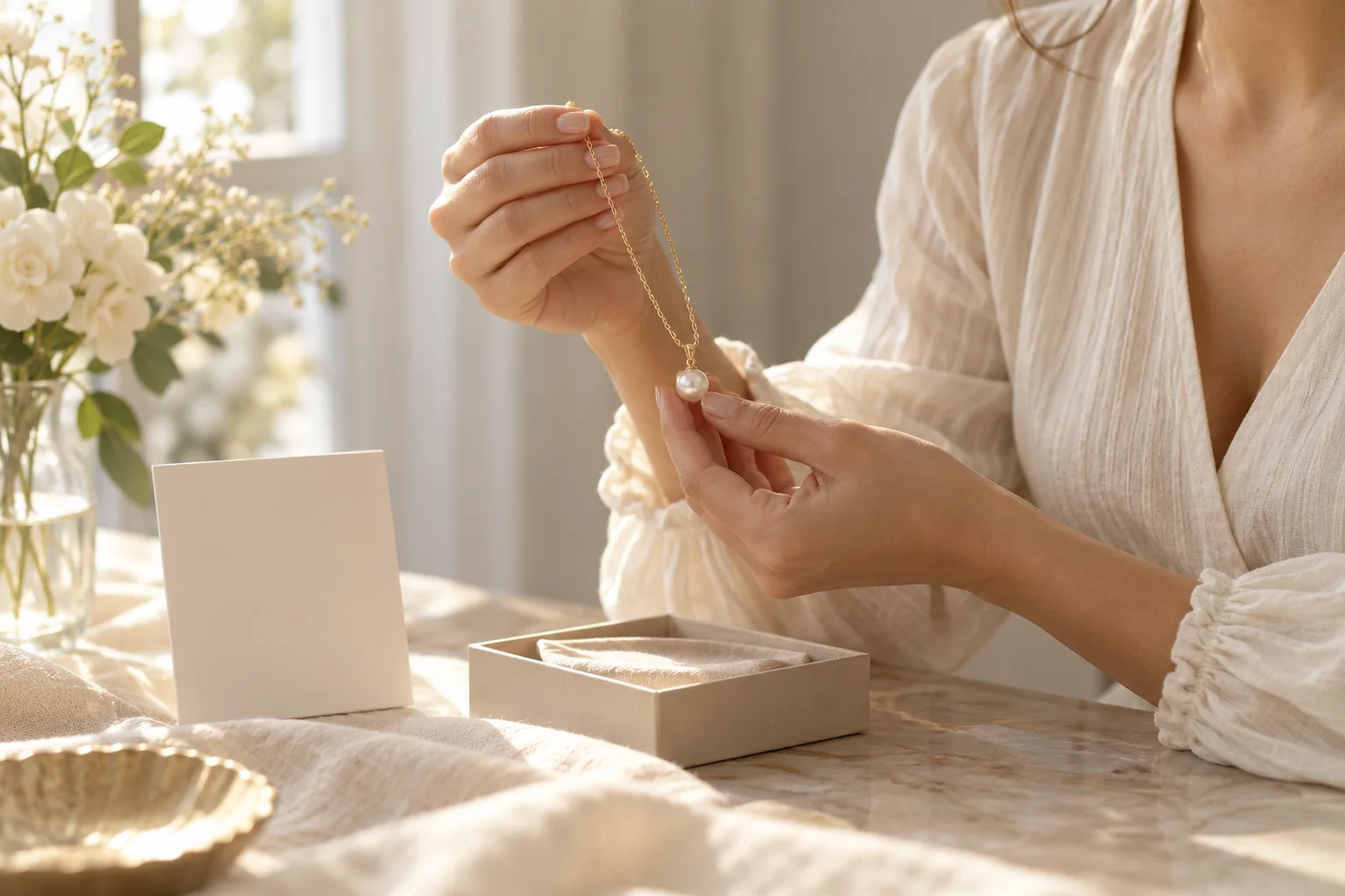 AI illustration of hands examining a pearl-like pendant beside a blank product card