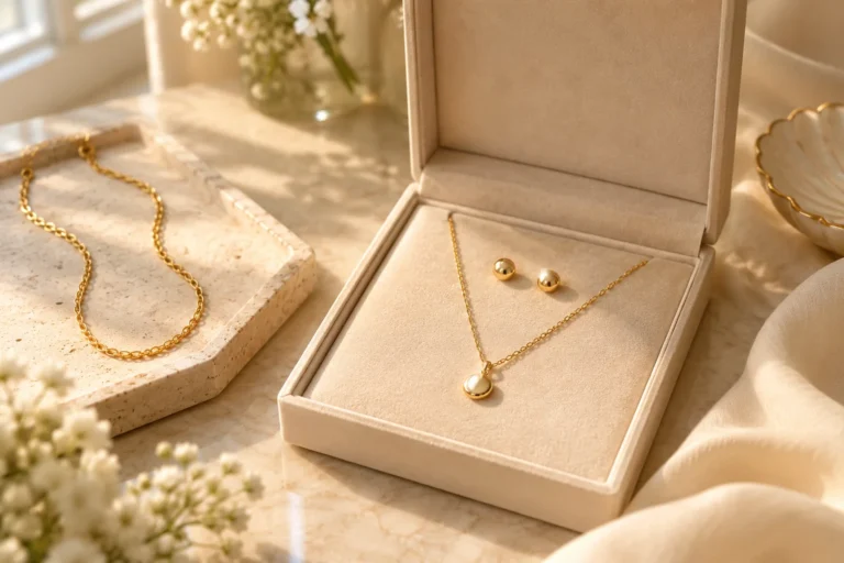 AI illustration of a generic necklace and earrings set beside a separate chain