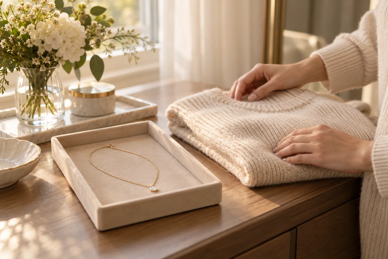 AI illustration of a removed necklace in a tray beside a folded sweater