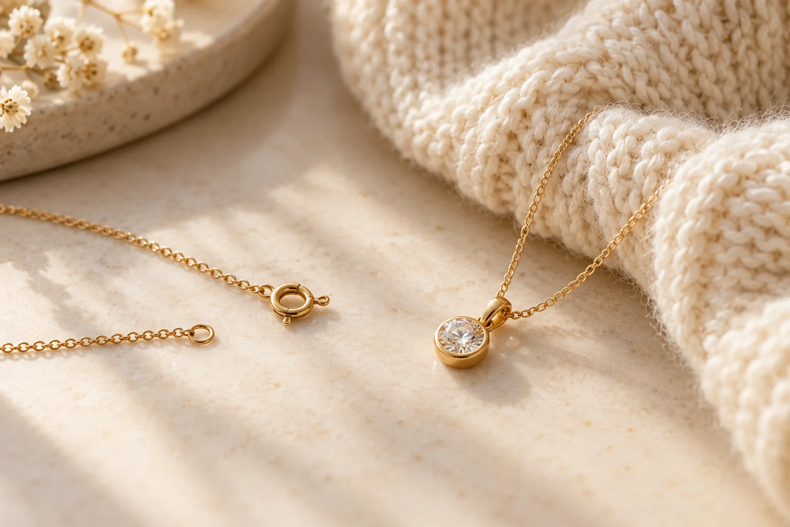 AI illustration of a necklace clasp and pendant beside a separate loose knit swatch