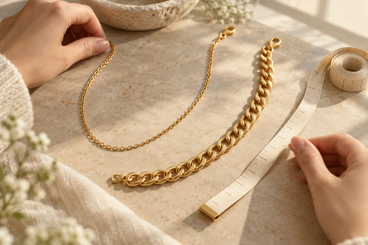 AI illustration of thin and wider chains beside a plain measuring tape