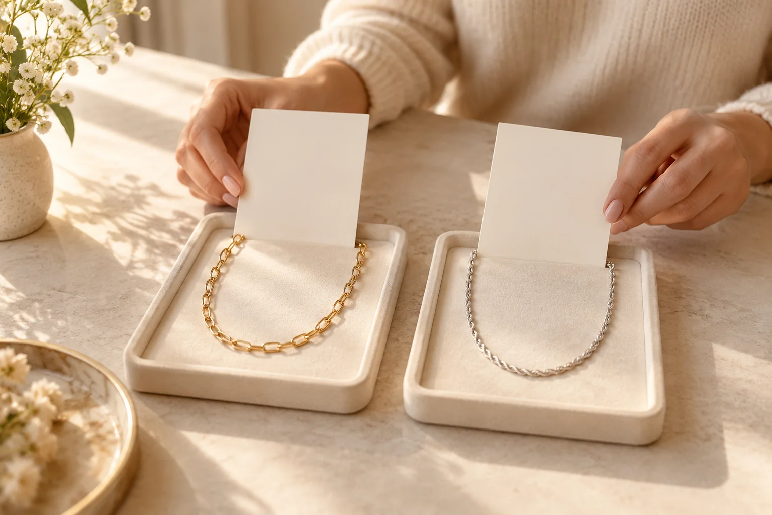 AI illustration of two chain necklaces in separate trays beside blank option cards