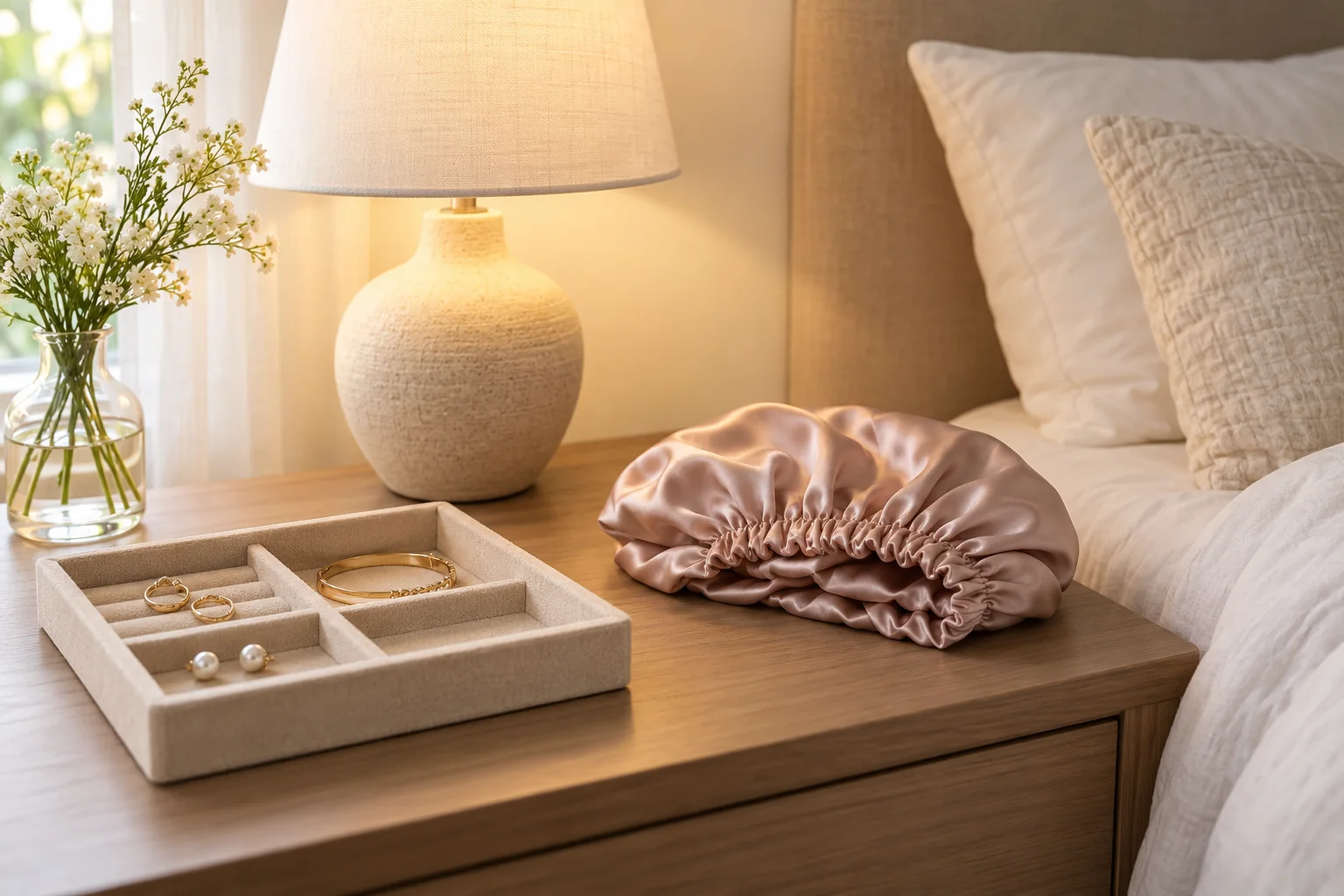 AI illustration of a separate necklace tray, sleep bonnet and bedside lamp