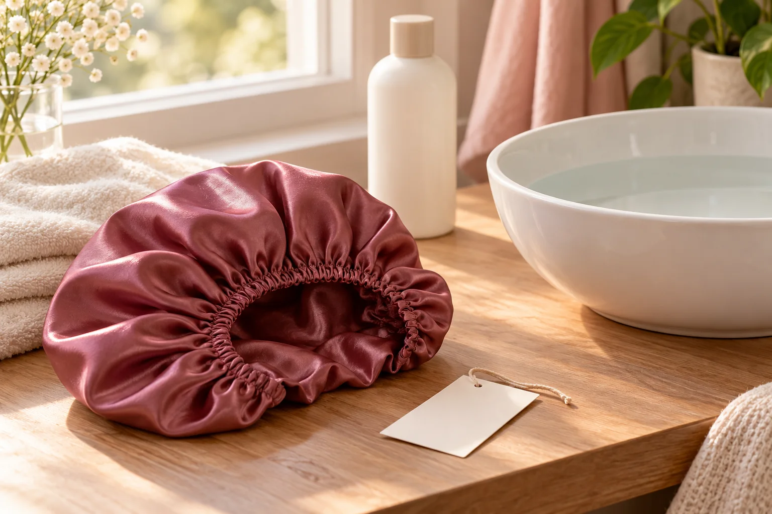 AI illustration of a bonnet beside a blank care tag, plain bottle and empty basin