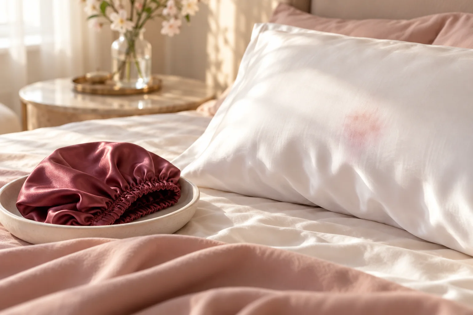 AI illustration of a generic rose bonnet beside a pillowcase with a pale pink mark