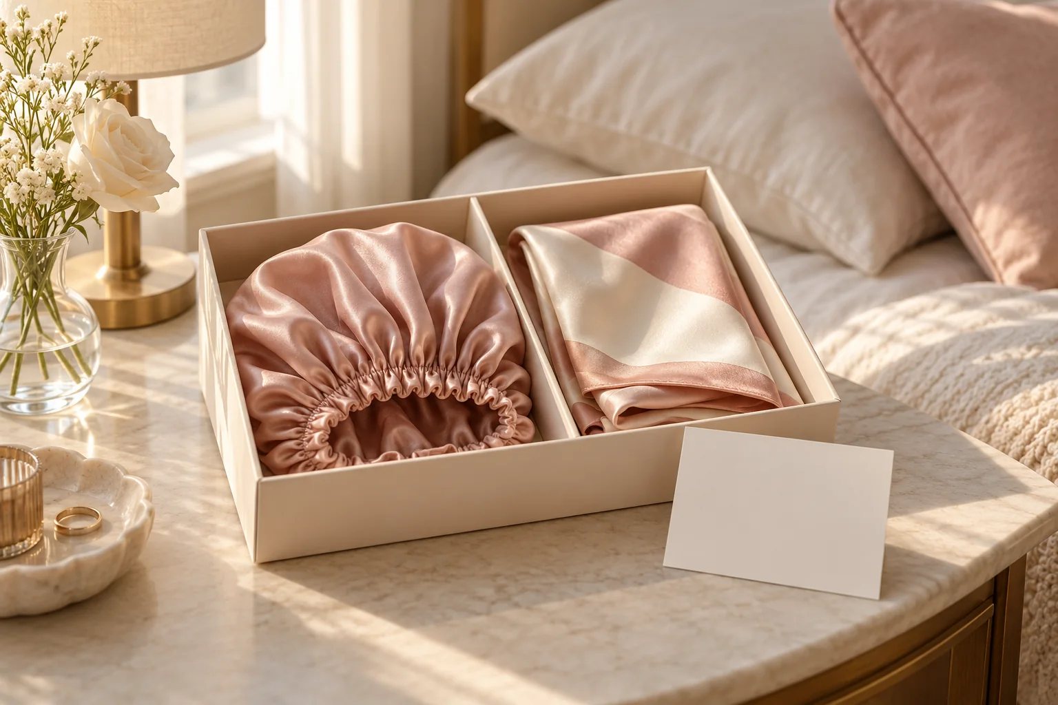 AI illustration of a bonnet and folded scarf in separate compartments beside a blank card