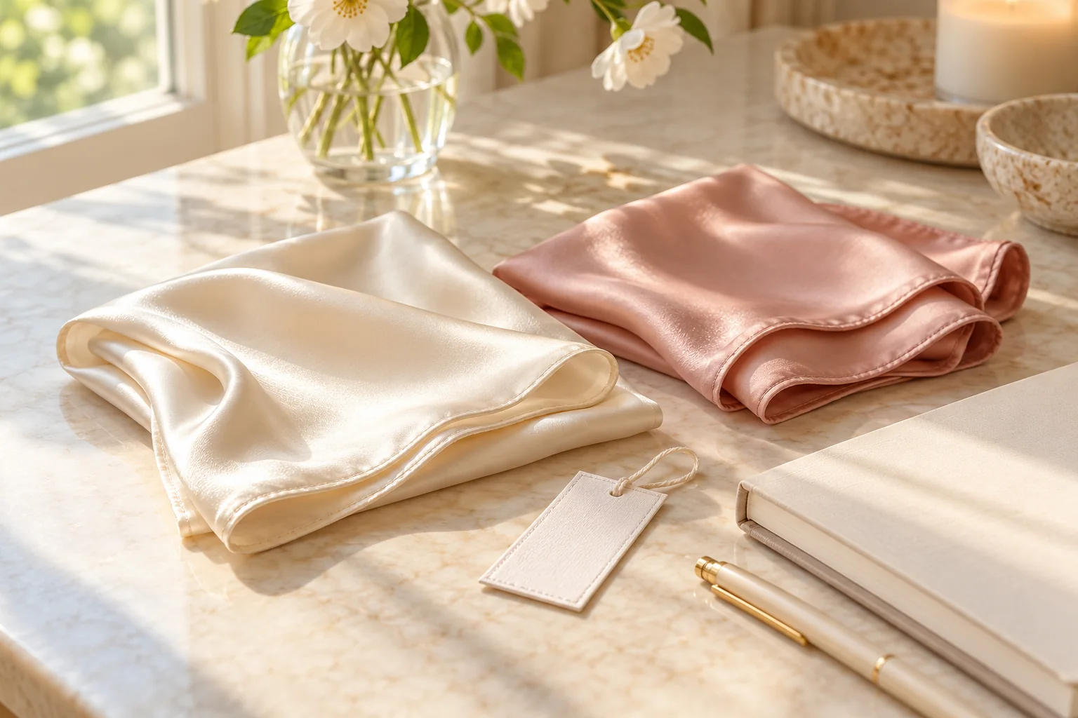 AI illustration of folded fabric accessories beside a blank care tag and notebook