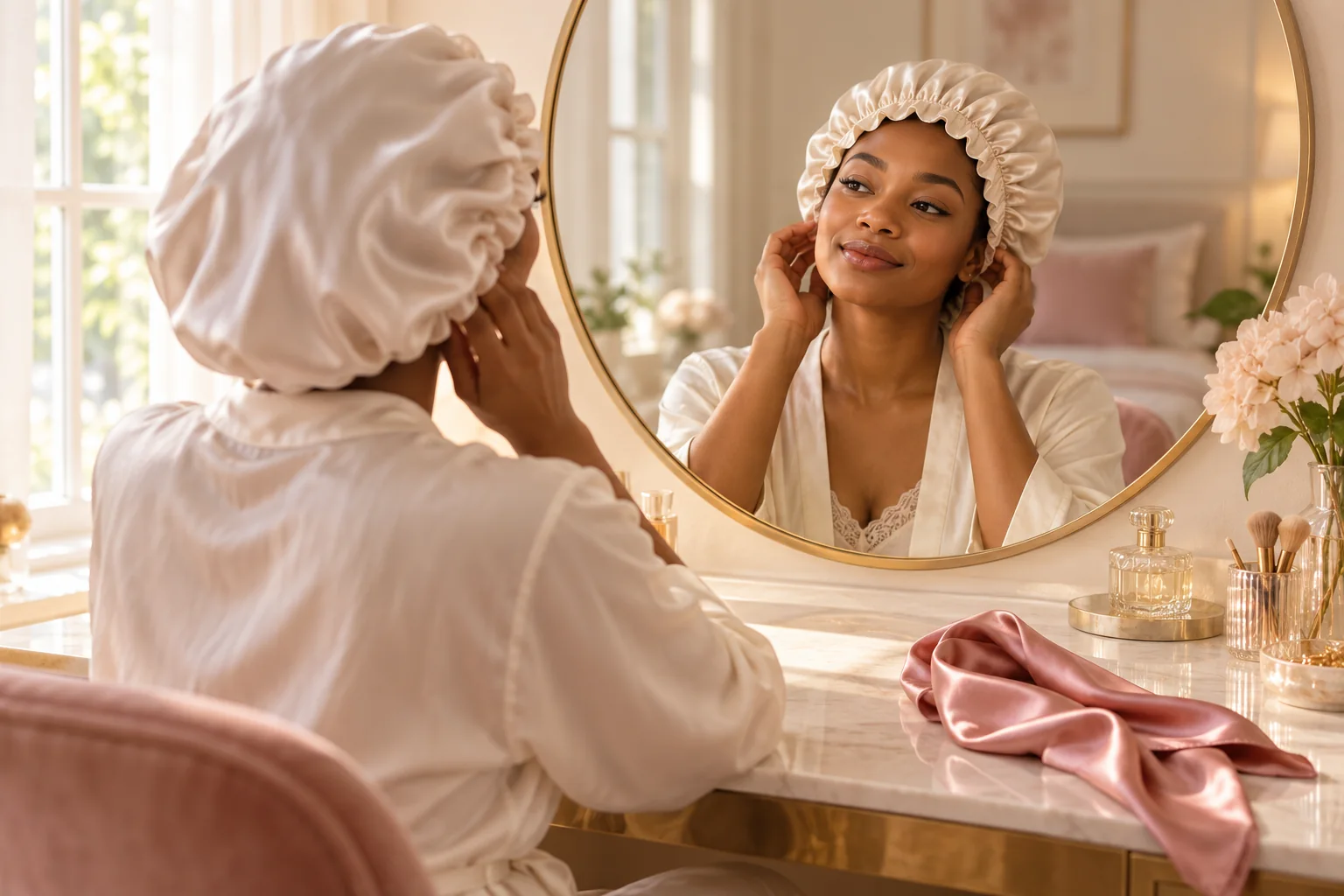 AI illustration of an adult checking a loosely fitted bonnet at a mirror