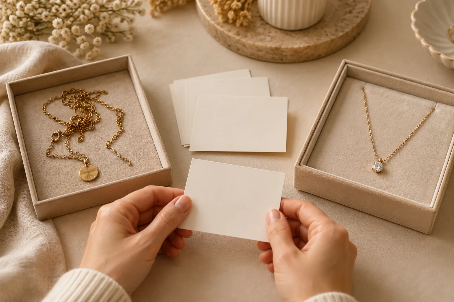 AI illustration of a damaged necklace and a separate intact alternative beside blank cards