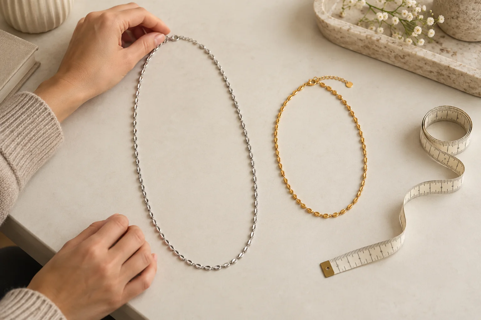 AI illustration of two intact necklaces at different lengths on a cream desk