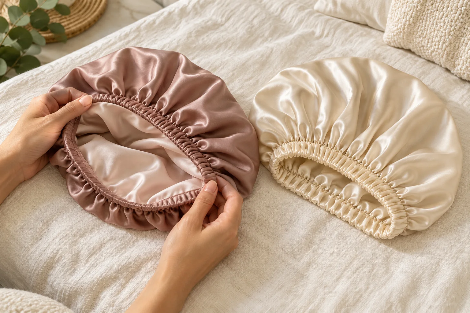 AI illustration of two bonnets with a lining and seam visible on one