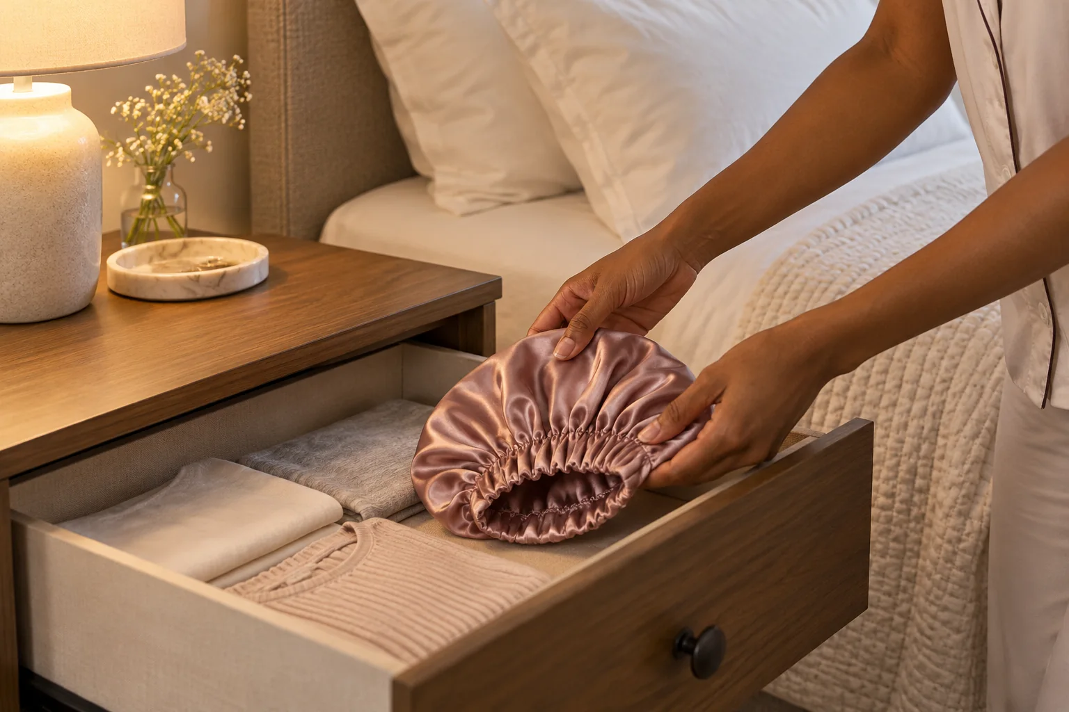 AI illustration of an adult placing an unworn bonnet in a lined bedside drawer
