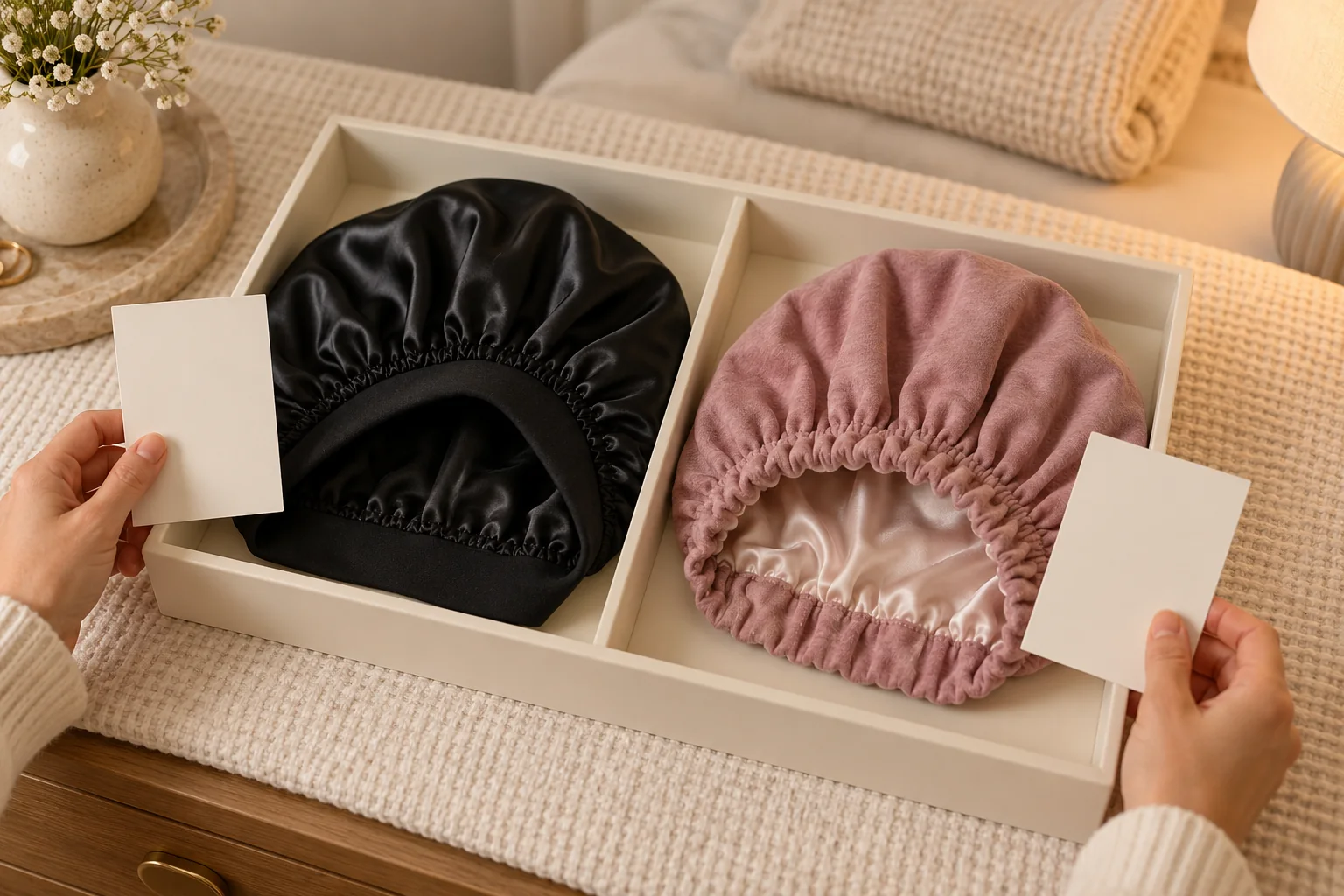 AI illustration of two different bonnets beside blank comparison cards