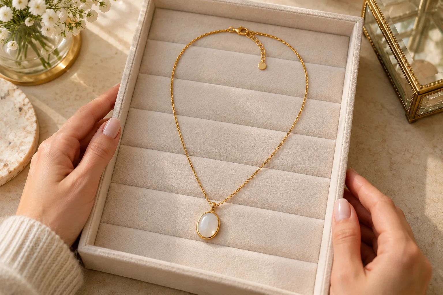 AI illustration of an unworn pendant necklace laid flat with its clasp separate at the top