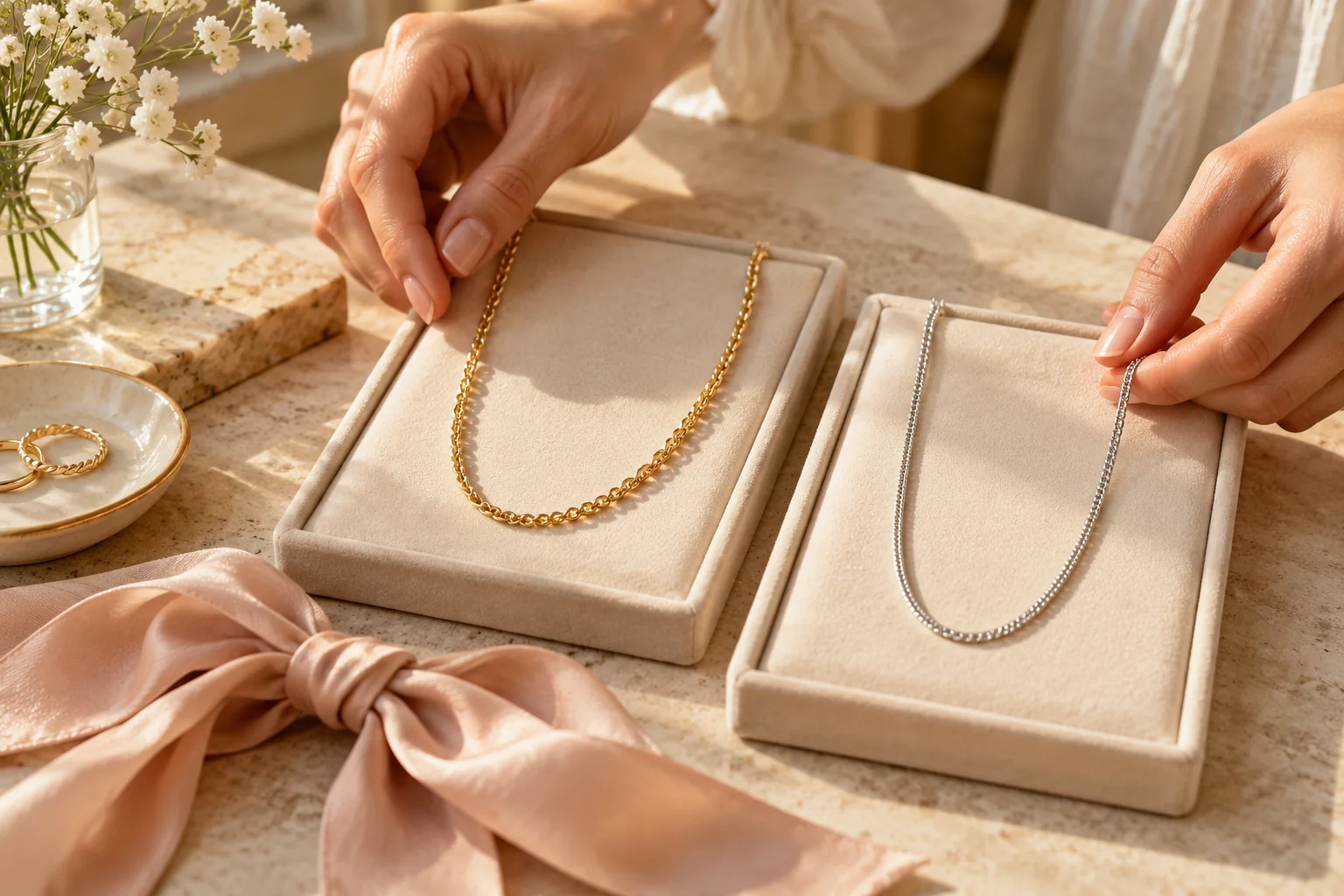 AI illustration of two separate plain chains on cream pads beside a soft hair ribbon