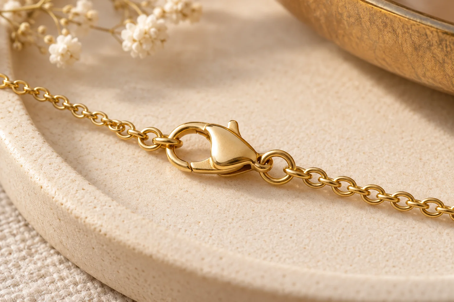 AI illustration of an ordinary clasp and adjoining chain links on a clean pad