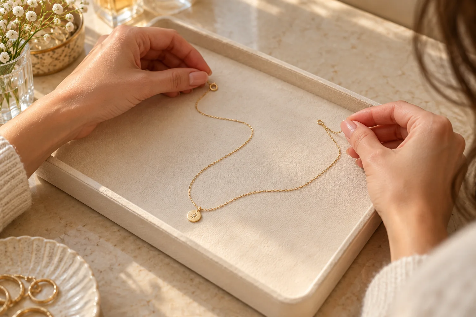 AI illustration of hands supporting an unclasped necklace flat on a cream tray
